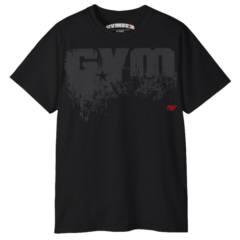 A black Gymstar workout t-shirt with a deep navy blue graphic that reads 'GYM SMALL STAR',   and logo, presumably bodybulding or fitness.   Front view.