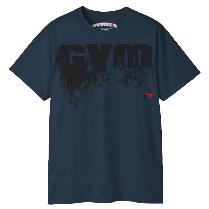 A deep navy Gymstar workout t-shirt with a deep navy blue graphic that reads 'GYM SMALL STAR',   and logo, presumably bodybulding or fitness.   Front view.