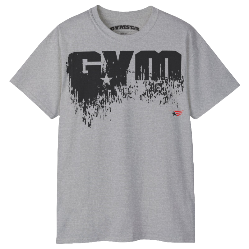 A white Gymstar workout t-shirt with a deep navy blue graphic that reads 'GYM SMALL STAR',   and logo, presumably bodybulding or fitness.  Rear Logo Front Close up view.