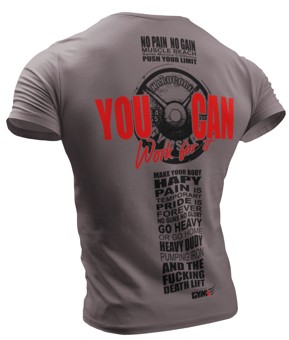 The image shows the back of a beige sports t-shirt Gymstar with the text 'YOU CAN' and a graphic of a Skull Kettlebell and logo.