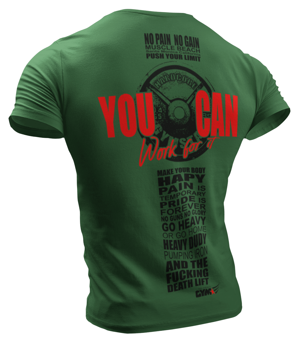 The image shows the back of a green sports t-shirt Gymstar with the text 'YOU CAN' and a graphic of a Skull Kettlebell and logo.