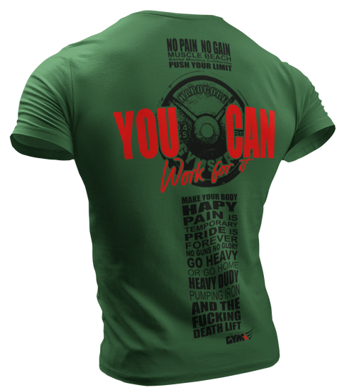 The image shows the back of a green sports t-shirt Gymstar with the text 'YOU CAN' and a graphic of a Skull Kettlebell and logo.