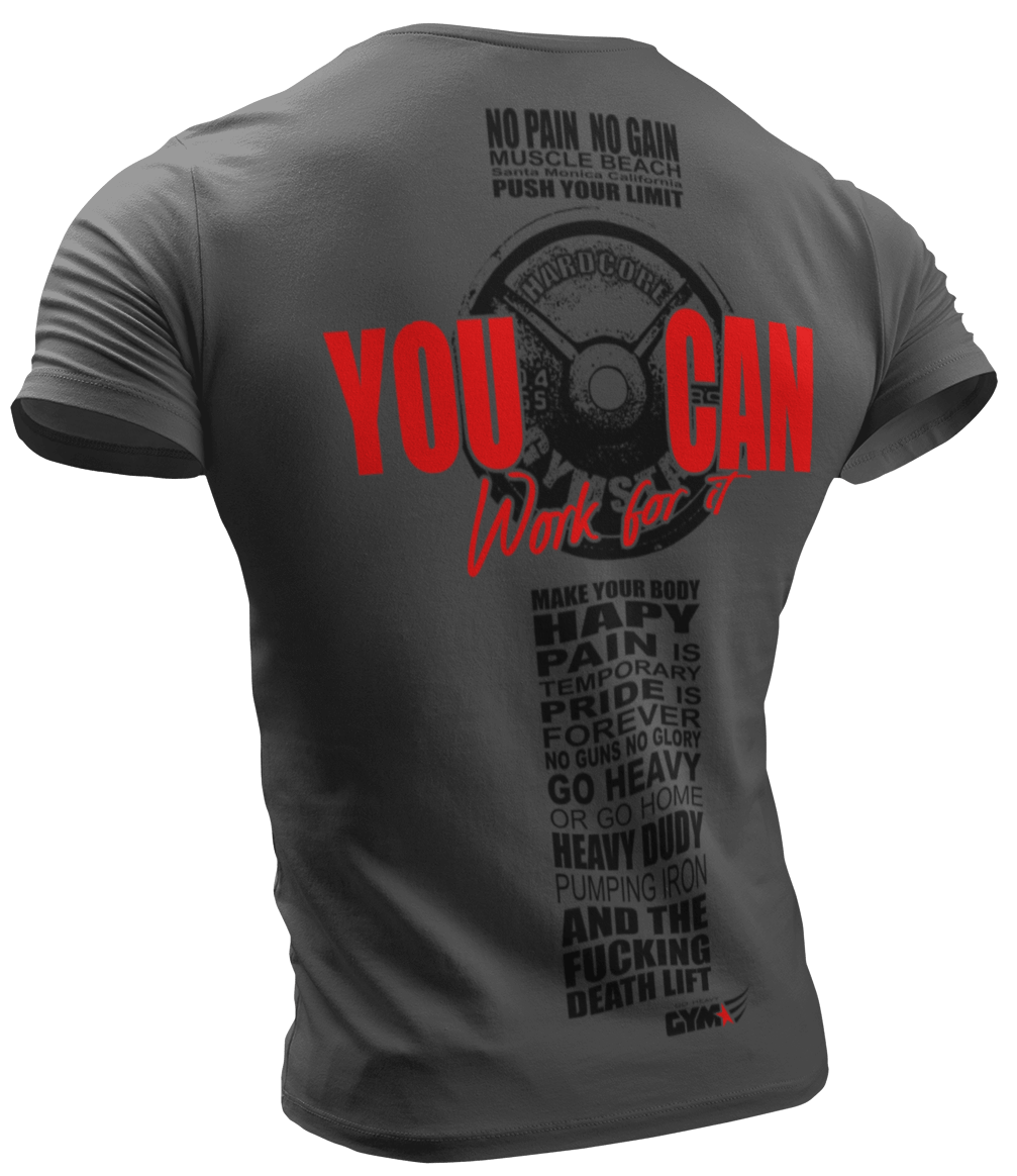 The image shows the back of a grey sports t-shirt Gymstar with the text 'YOU CAN' and a graphic of a Skull Kettlebell and logo.