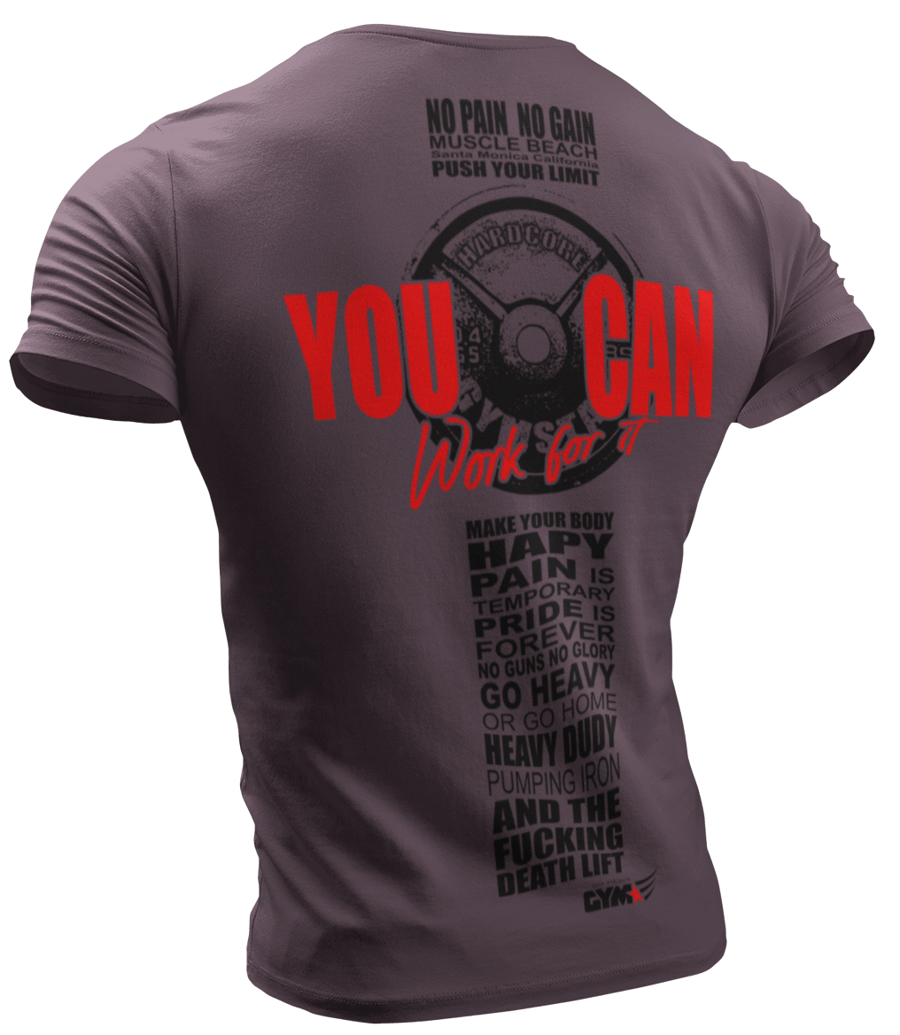 The image shows the back of a rose sports t-shirt Gymstar with the text 'YOU CAN' and a graphic of a Skull Kettlebell and logo.