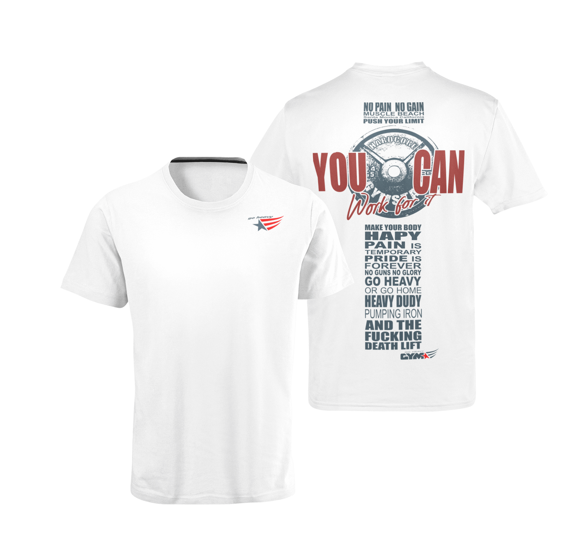 The image shows the back of two white sports t-shirt Gymstar with the text 'YOU CAN' and a graphic of a Skull Kettlebell and logo.