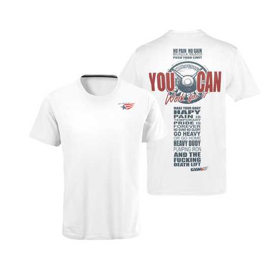 The image shows the back of two white sports t-shirt Gymstar with the text 'YOU CAN' and a graphic of a Skull Kettlebell and logo.