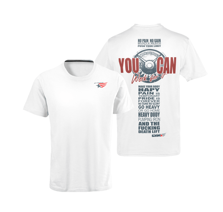 The image shows the back of two white sports t-shirt Gymstar with the text 'YOU CAN' and a graphic of a Skull Kettlebell and logo.