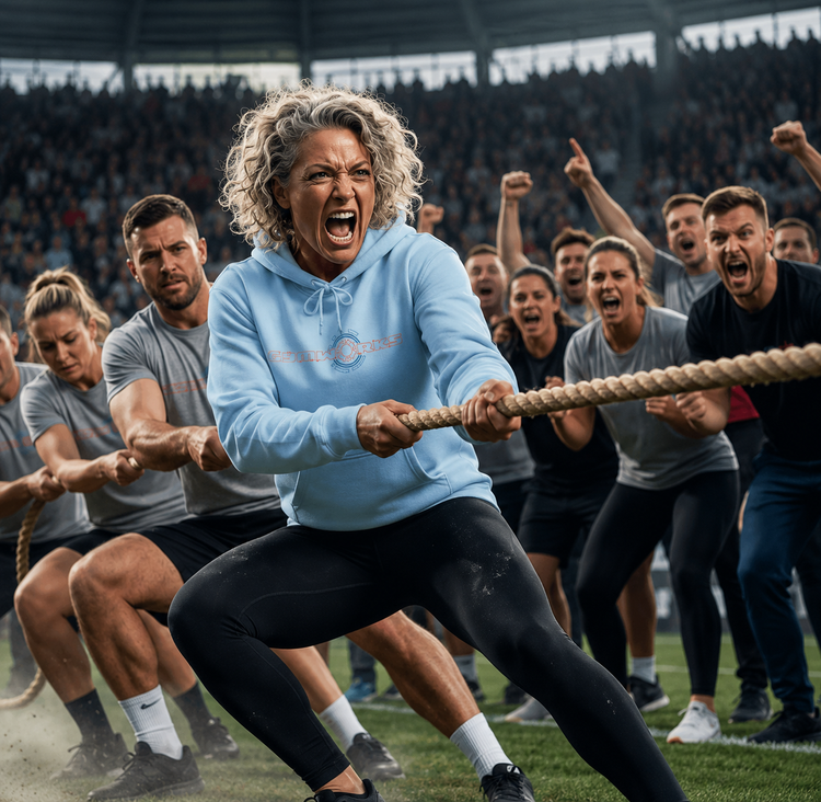 Woman pulling on a rope in a tug-of-war game with other participants in the background.