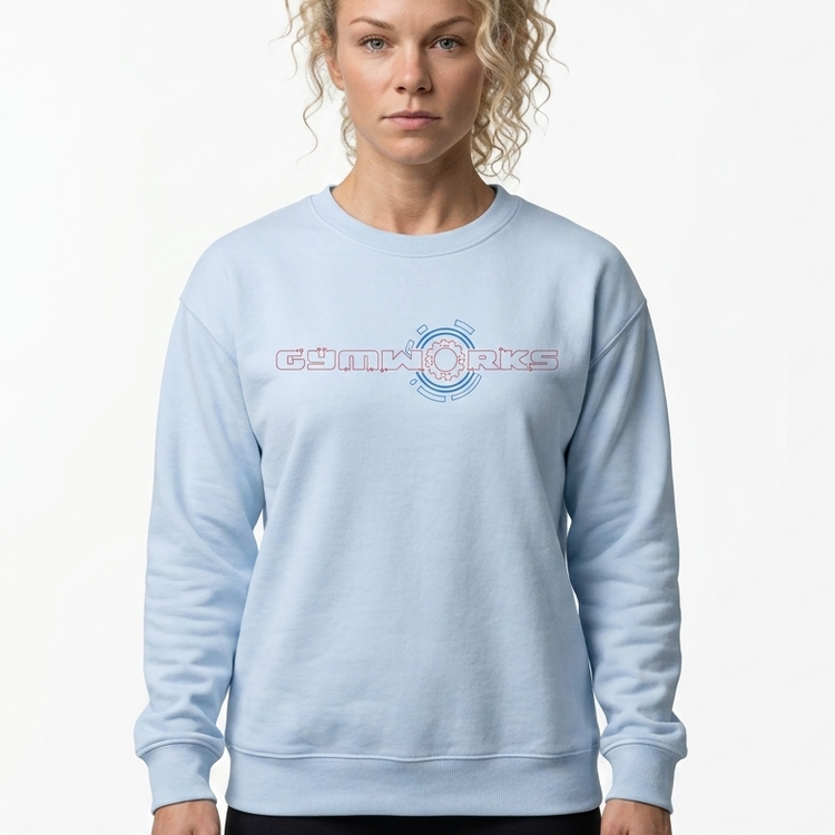Woman wearing a light blue Gymworks sweatshirt with a logo on a white background