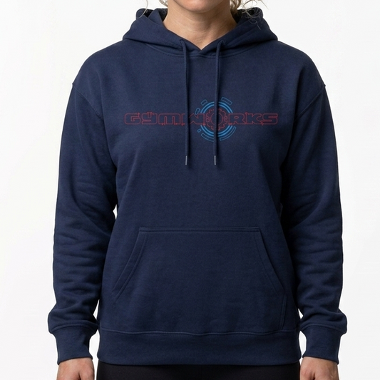 Person wearing a navy blue Gymworks hoodie with a logo on a white background
