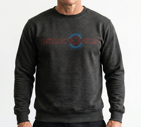 Dark gray Gymworks sweatshirt with a red and blue circular logo on a white background.