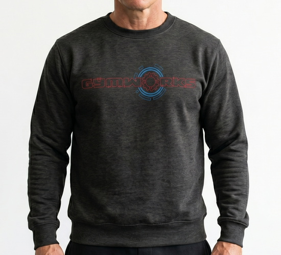 Dark gray Gymworks sweatshirt with a red and blue circular logo on a white background.