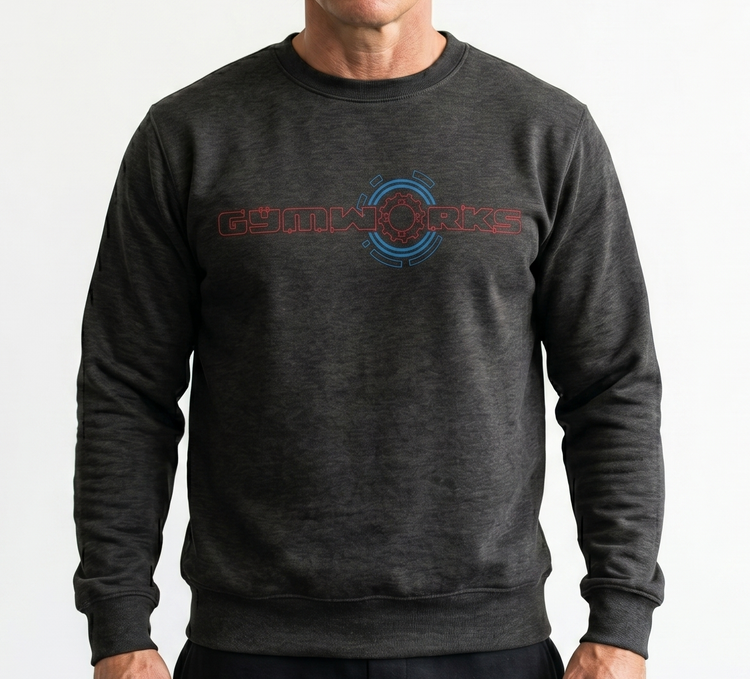 Dark gray Gymworks sweatshirt with a red and blue circular logo on a white background.