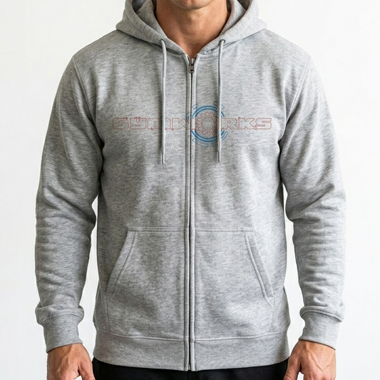 Man wearing a gray Gymworks hoodie with a logo on a white background