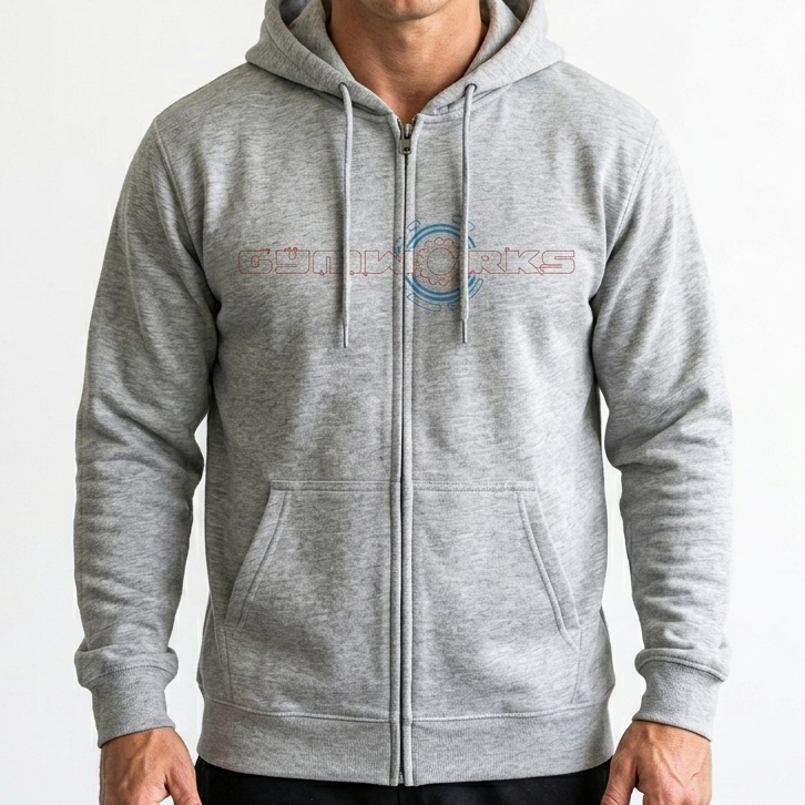 Man wearing a gray Gymworks hoodie with a logo on a white background