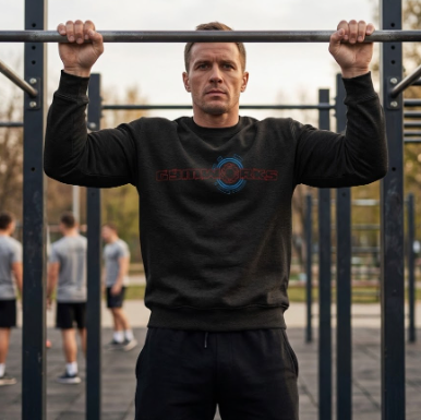 Man wearing a black sweatshirt with a logo, performing pull-ups on outdoor gym equipment.