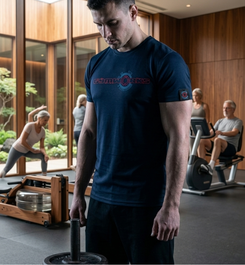 Man wearing navy blue Gymworks sports t-shirt lifting weights in a gym with other people exercising in the background