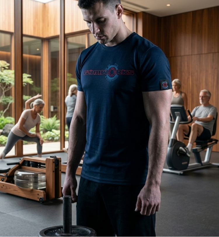 Man wearing navy blue Gymworks sports t-shirt lifting weights in a gym with other people exercising in the background