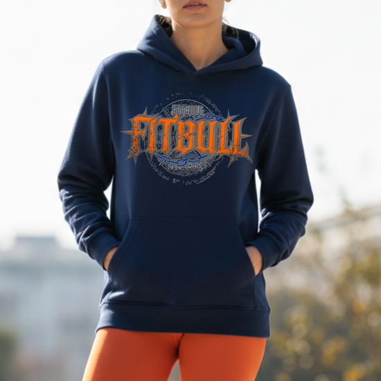 Woman wearing a navy hoodie with 'Fitbul' logo and orange leggings outdoors.