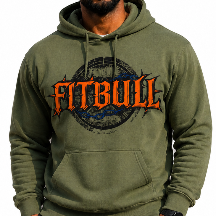 Man wearing a green hoodie with 'Fitbull' logo on a white background
