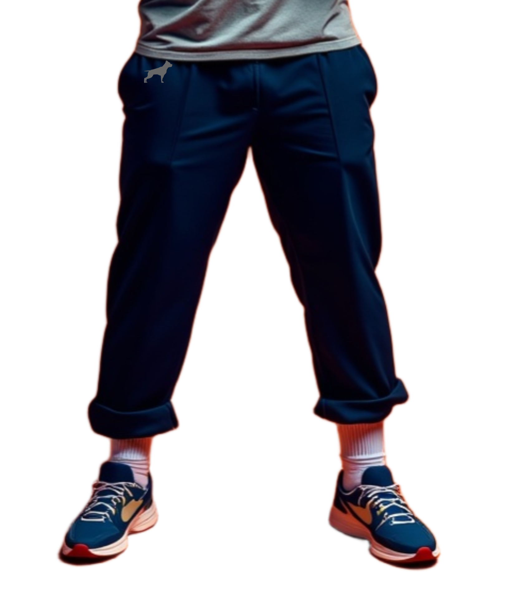Ein Man trägt graue Fitbull-Jogginghosen mit dem Logo der Marke. 