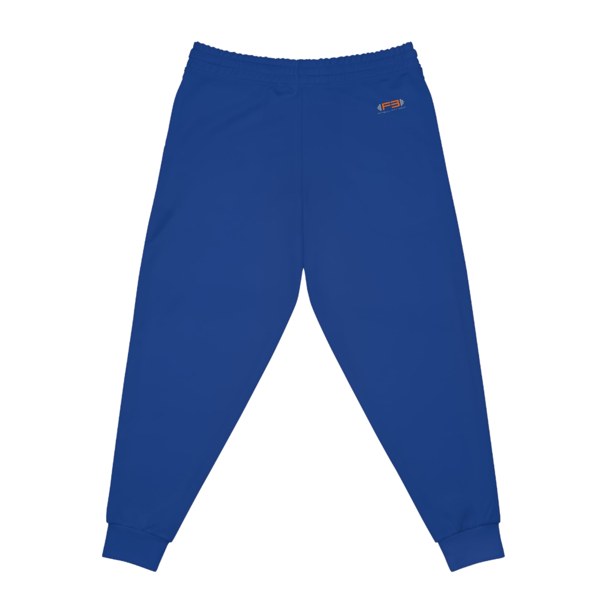 Blau Fitbull-Jogginghosen mit dem Logo der Marke. Rückansicht.