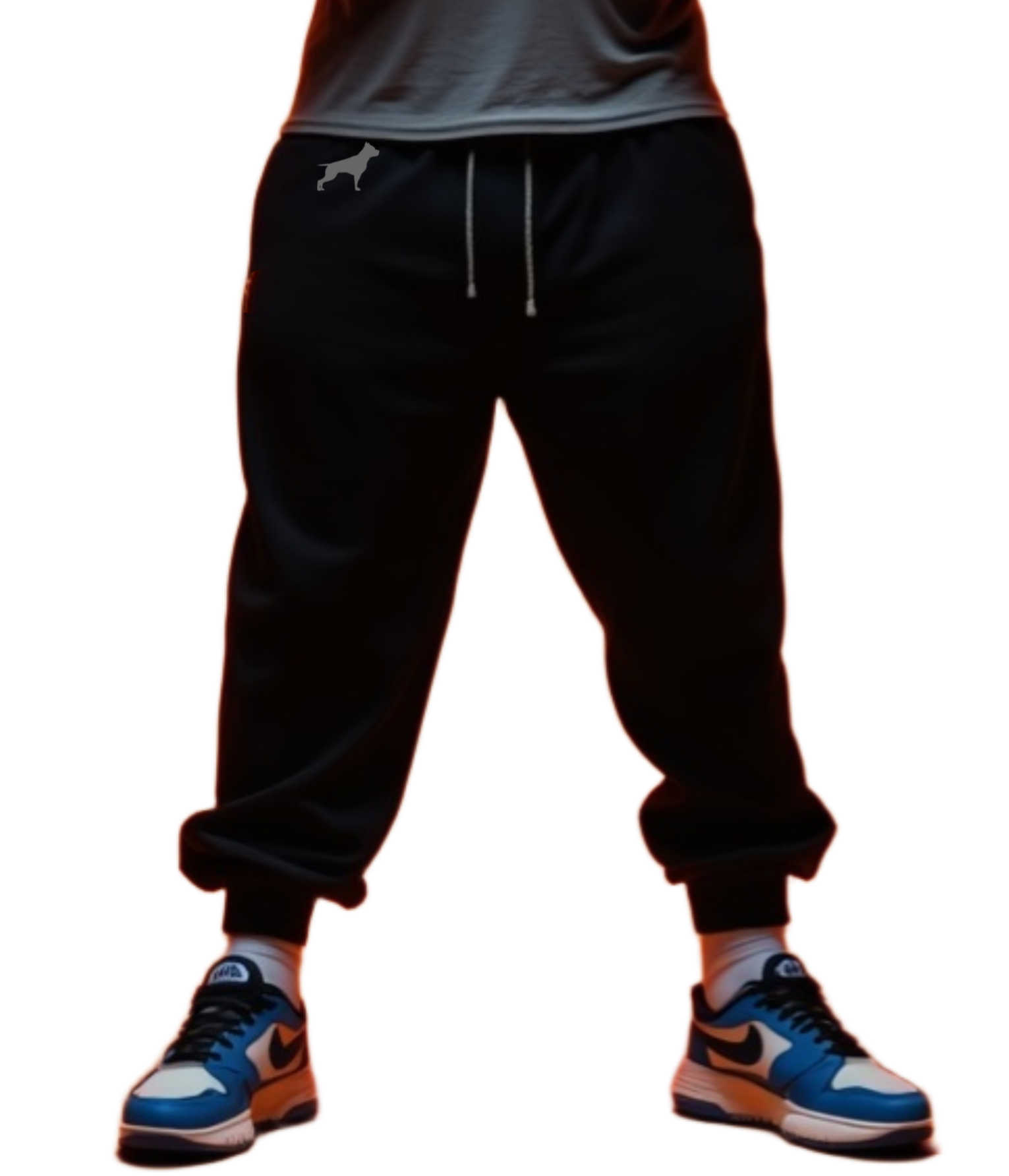 Ein Man trägt graue Fitbull-Jogginghosen mit dem Logo der Marke. 