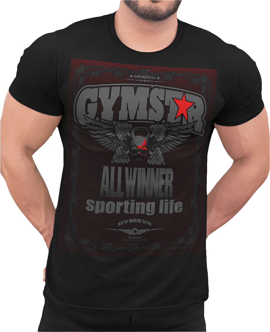 A male model wearing a black Gymstar t-shirt with text and graphic design related to bodybuilding.