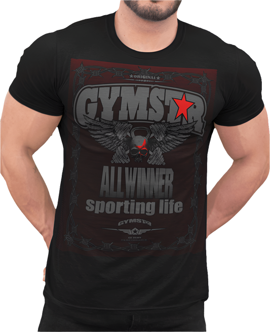 A male model wearing a black Gymstar t-shirt with text and graphic design related to bodybuilding.