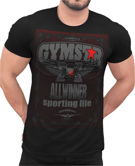 A male model wearing a black Gymstar t-shirt with text and graphic design related to bodybuilding.