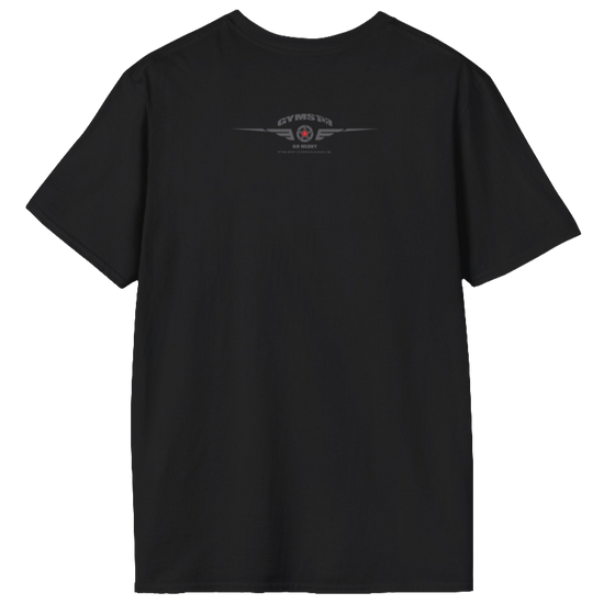 A blackGymstar t-shirt with a graphic print Allwinner in the center, designed for fitness and sports. Rare logo close up view.
