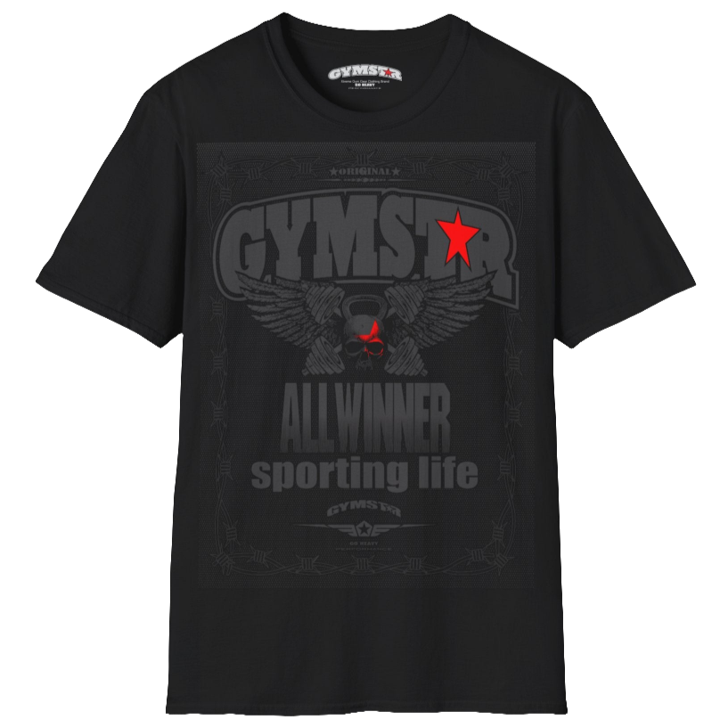A black Gymstar t-shirt with a graphic print Allwinner in the center, designed for fitness and sports. Front  view.