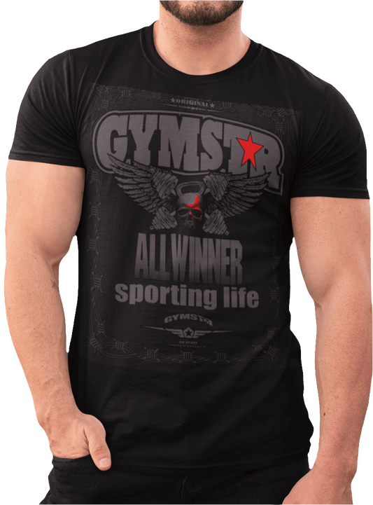 A man wearing black Gymstar t-shirt with a graphic print Allwinner in the center, designed for fitness and sports. Front  view.