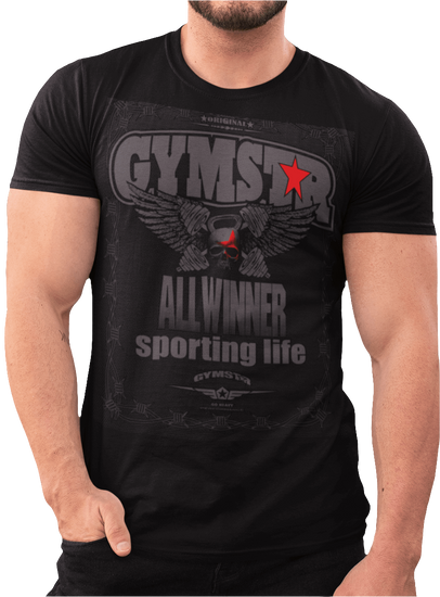A man wearing black Gymstar t-shirt with a graphic print Allwinner in the center, designed for fitness and sports. Front  view.