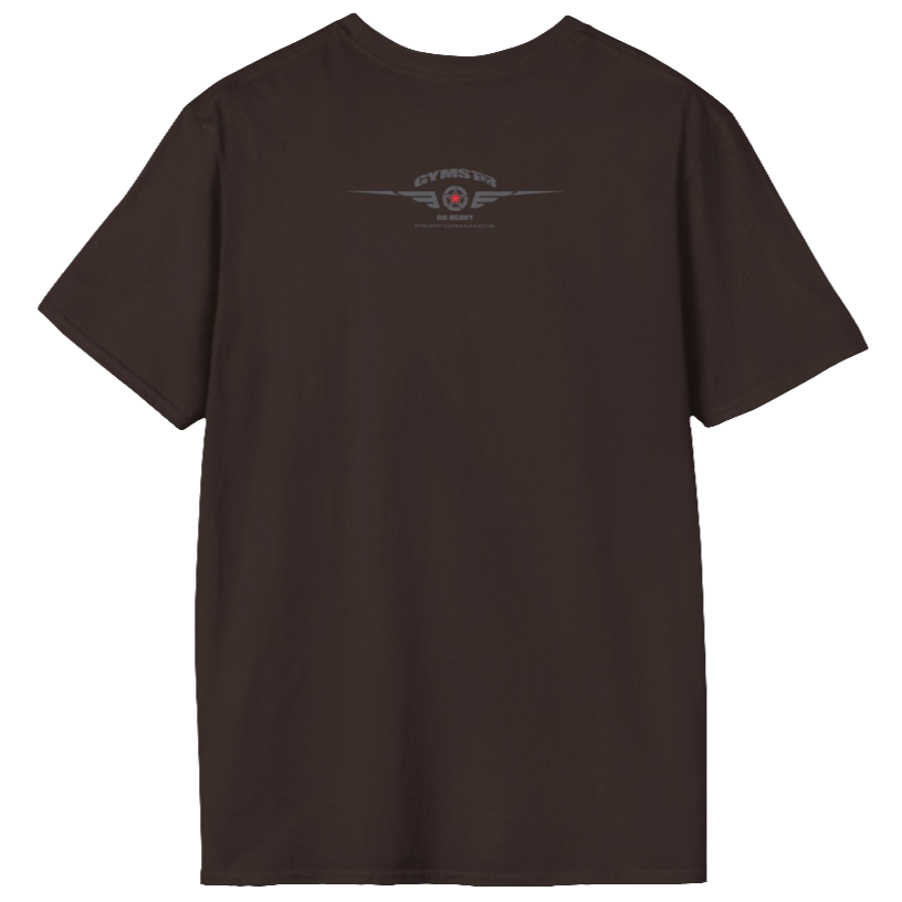 A brown Gymstar t-shirt with a graphic print Allwinner in the center, designed for fitness and sports. Rare logo close up view.