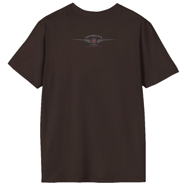A brown Gymstar t-shirt with a graphic print Allwinner in the center, designed for fitness and sports. Rare logo close up view.