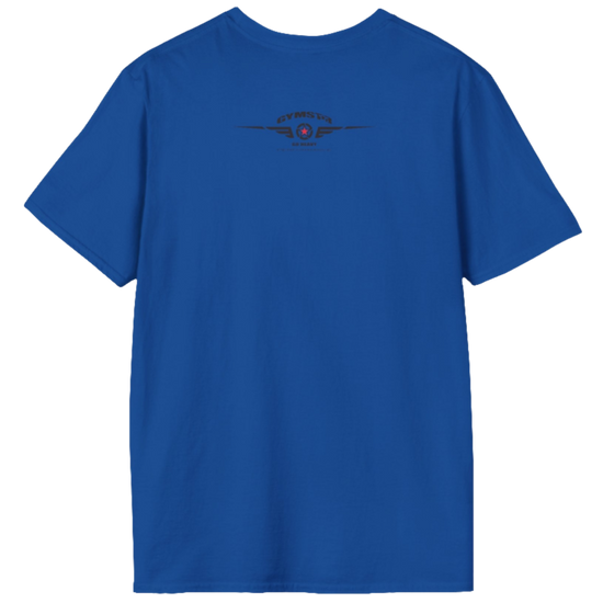A blue Gymstar t-shirt with a graphic print Allwinner in the center, designed for fitness and sports. Rare logo close up view.