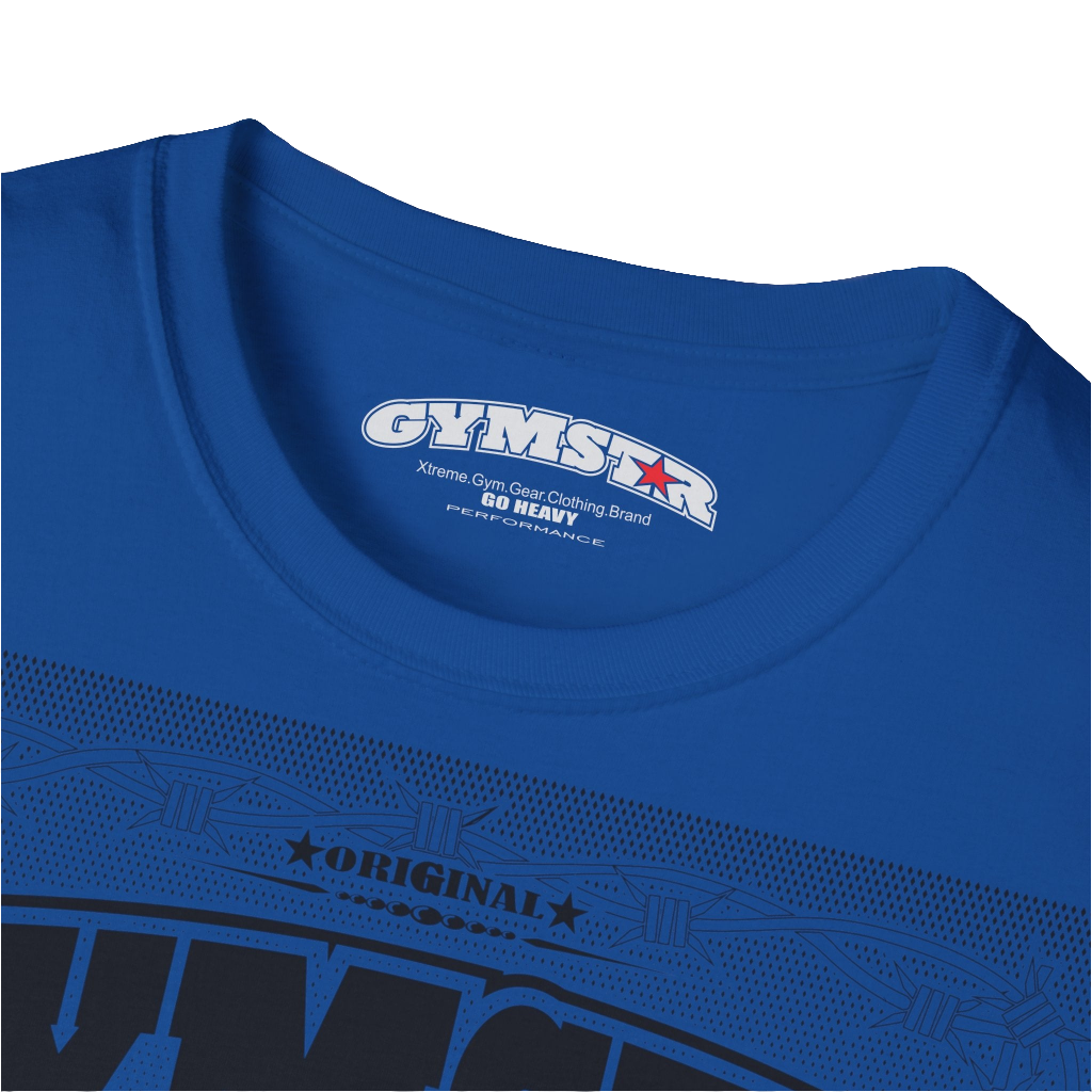 A blue Gymstar t-shirt with a graphic print Allwinner in the center, designed for fitness and sports. Front logo close up view.