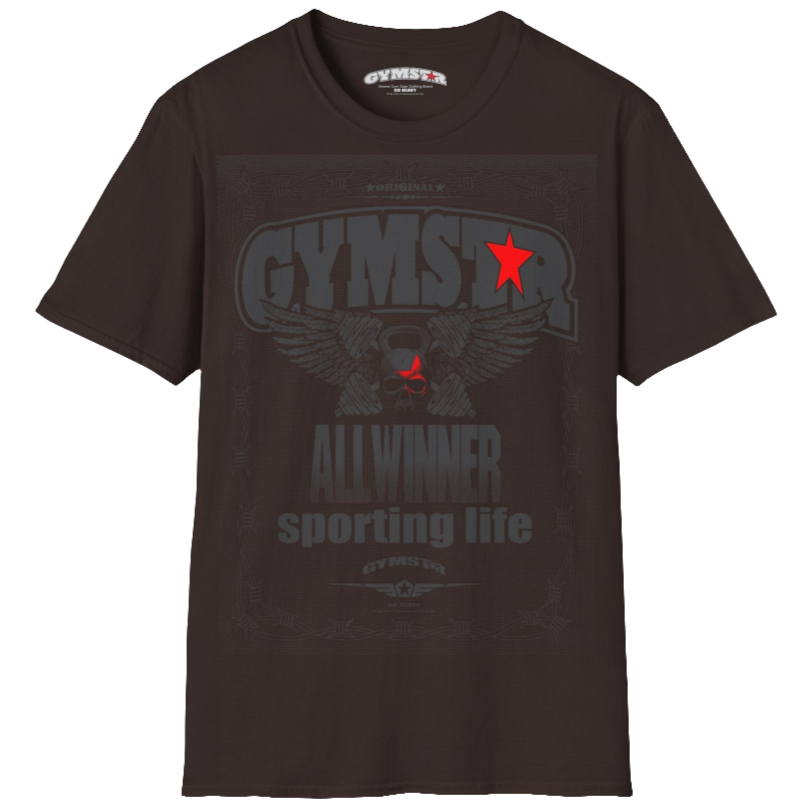A brown Gymstar t-shirt with a graphic print Allwinner in the center, designed for fitness and sports. Front view.