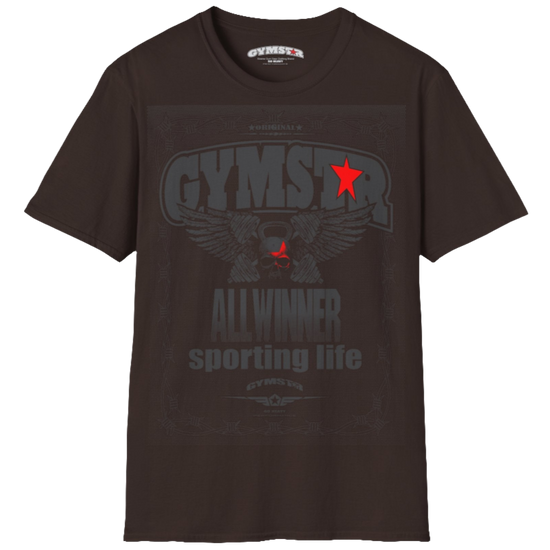 A brown Gymstar t-shirt with a graphic print Allwinner in the center, designed for fitness and sports. Front view.