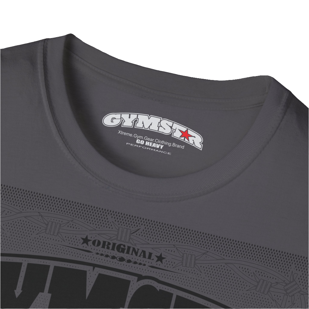 A sport grey Gymstar t-shirt with a graphic print Allwinner in the center, designed for fitness and sports. Front logo close up view.