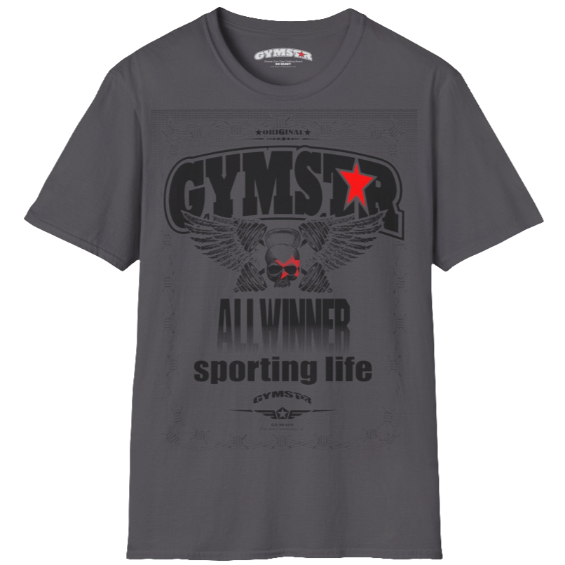 A sport grey Gymstar t-shirt with a graphic print Allwinner in the center, designed for fitness and sports. Front l view.