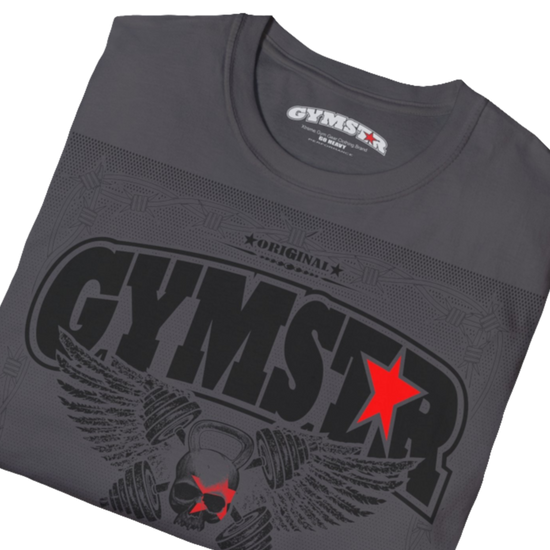 A sport grey Gymstar t-shirt with a graphic print Allwinner in the center, designed for fitness and sports. Front close up view.