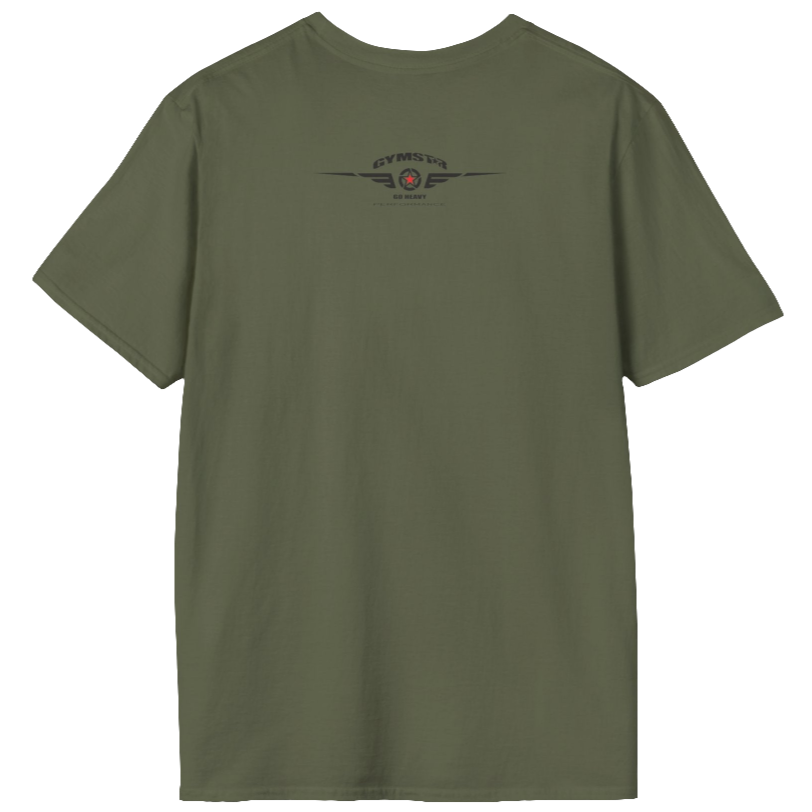 A military green Gymstar t-shirt with a graphic print Allwinner in the center, designed for fitness and sports. Rare logo close up view.