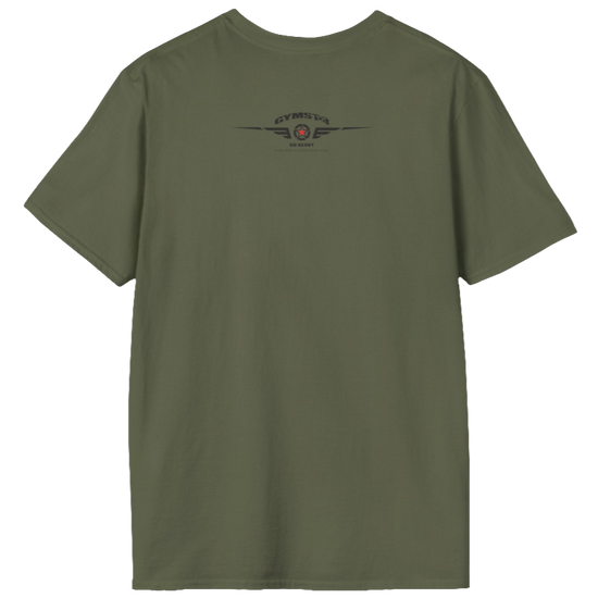 A military green Gymstar t-shirt with a graphic print Allwinner in the center, designed for fitness and sports. Rare logo close up view.