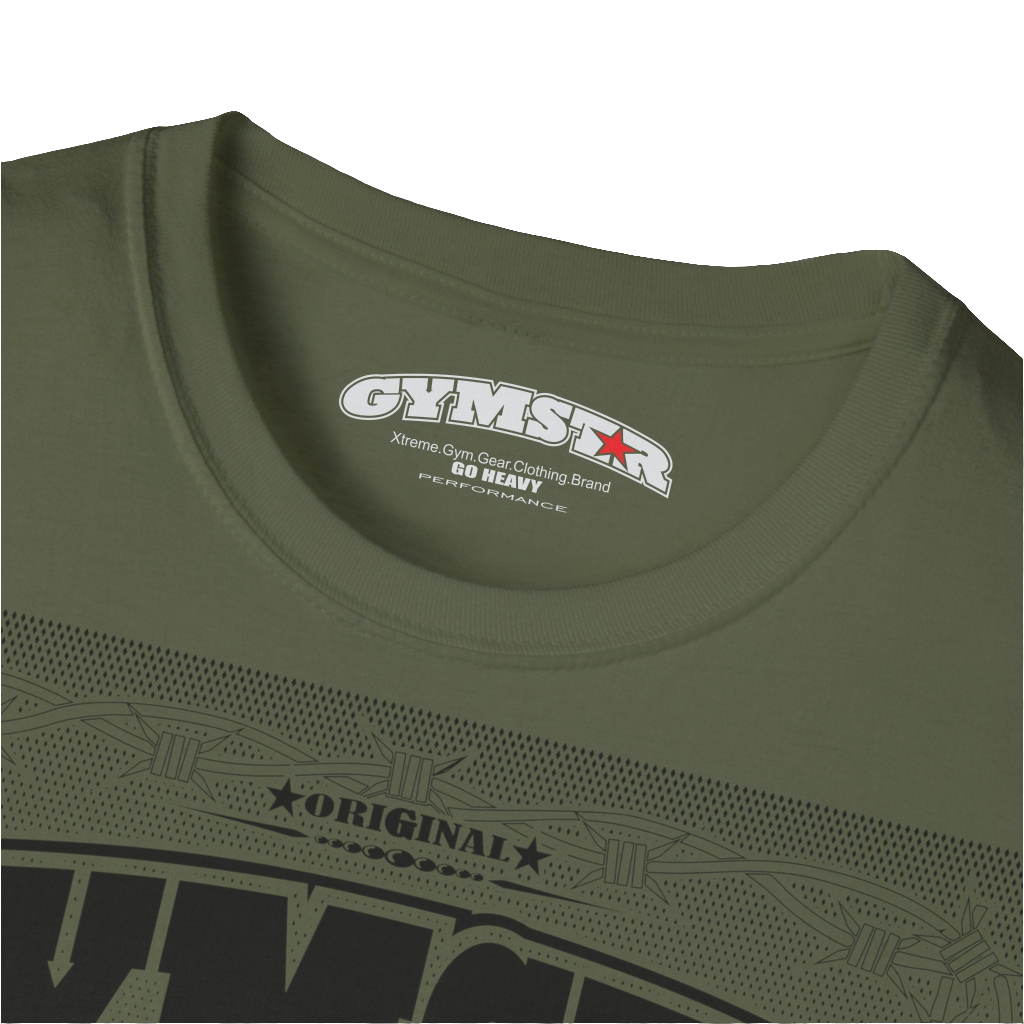 A military green Gymstar t-shirt with a graphic print Allwinner in the center, designed for fitness and sports. Front logo close up view.