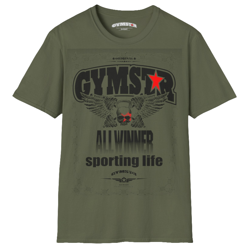A military green Gymstar t-shirt with a graphic print Allwinner in the center, designed for fitness and sports. Front  view.
