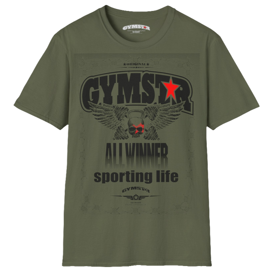 A military green Gymstar t-shirt with a graphic print Allwinner in the center, designed for fitness and sports. Front  view.