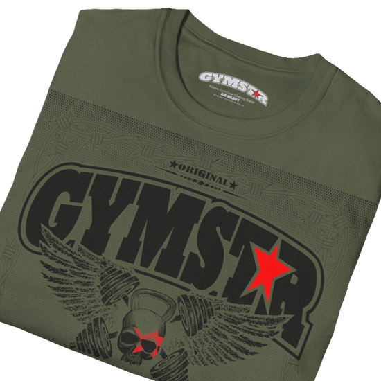 A military green Gymstar t-shirt with a graphic print Allwinner in the center, designed for fitness and sports. Front close up view.