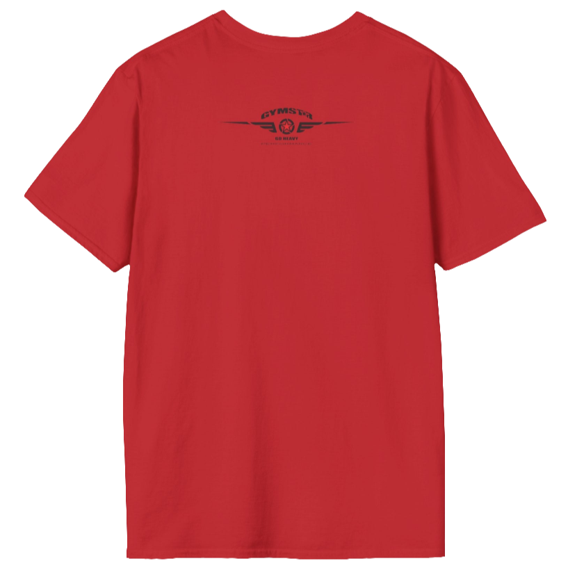 A red Gymstar t-shirt with a graphic print Allwinner in the center, designed for fitness and sports. rare logo close up view.